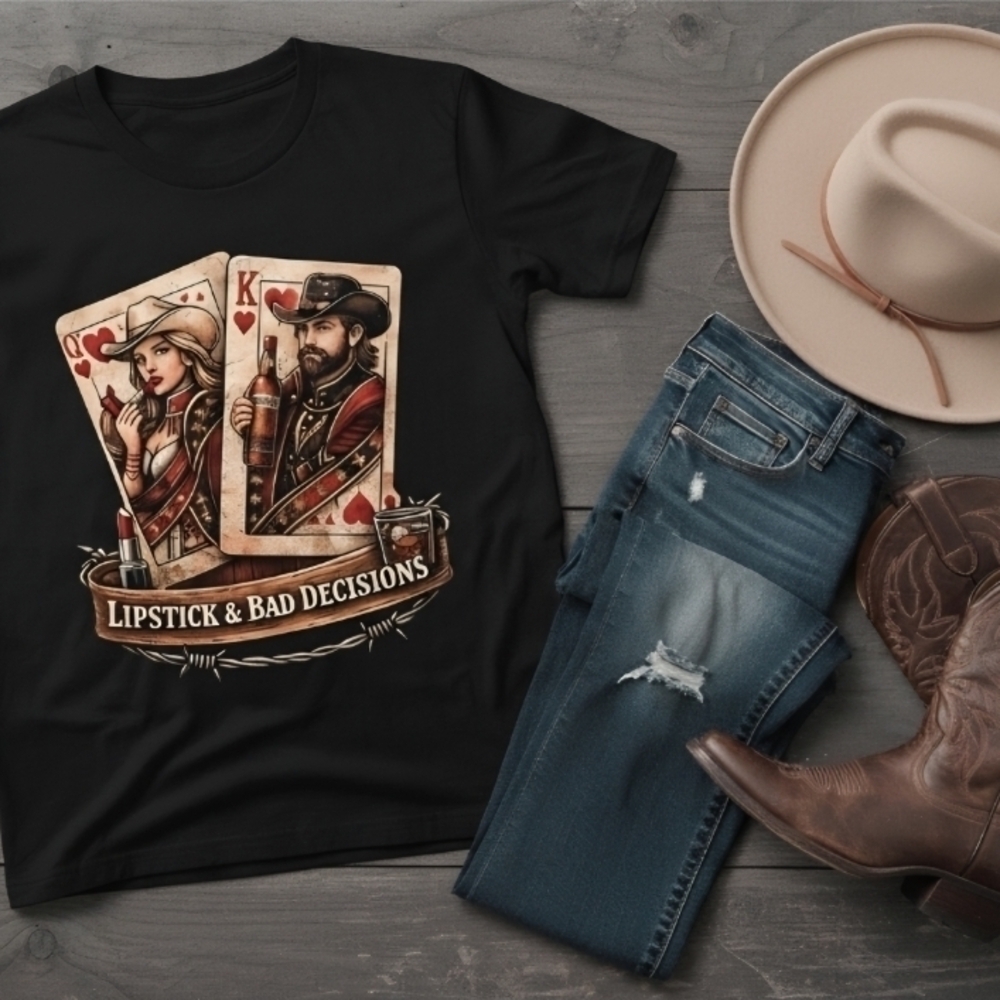 Lipstick & Bad Decisions Western Tee King Queen Cowboy Cowgirl Graphic Shirt